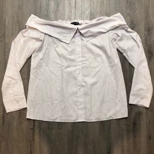 Off the shoulder, white, faux button-down shirt